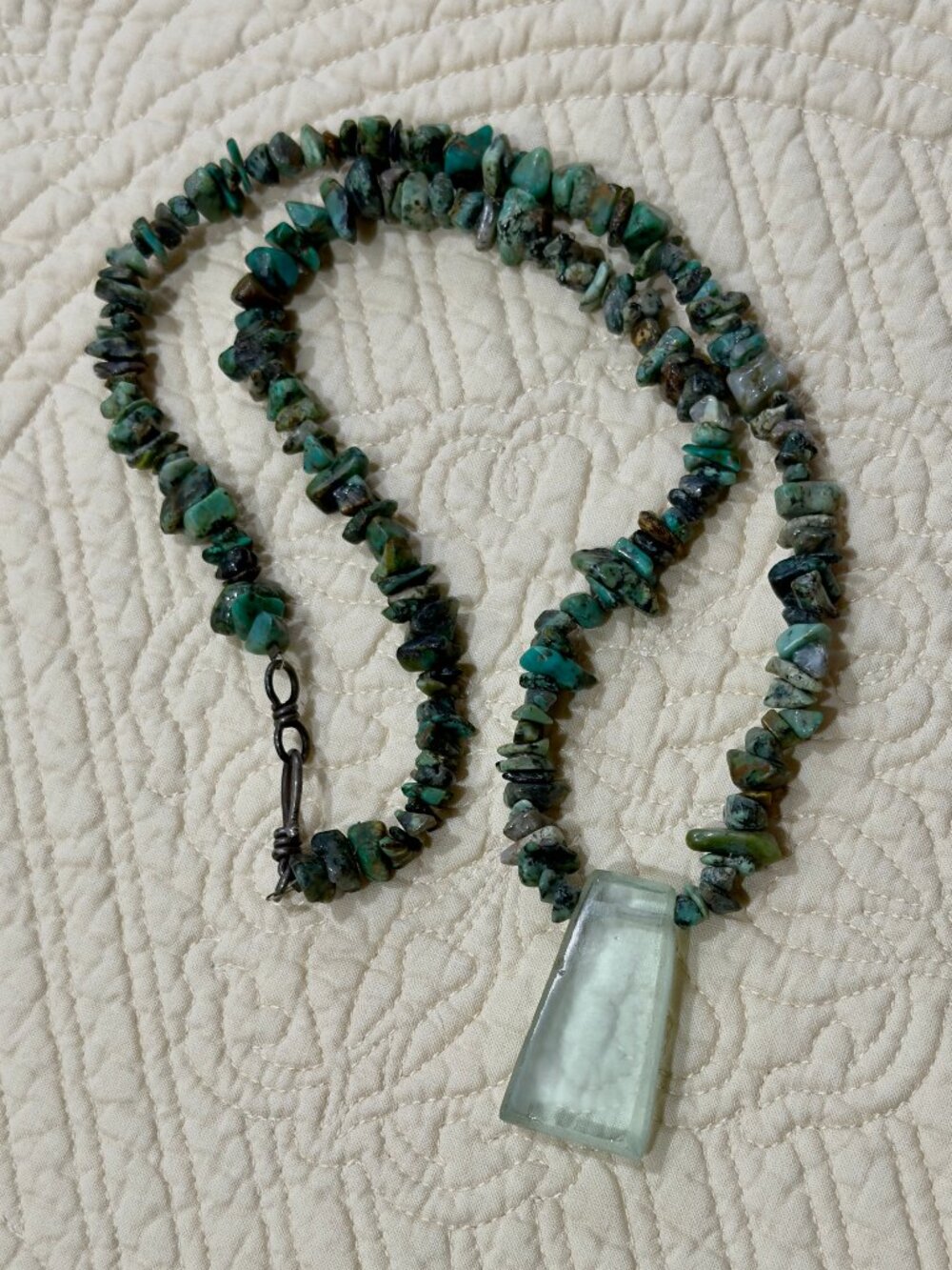 Genuine Turquoise Chip Necklace with Frosted Glass Pendant